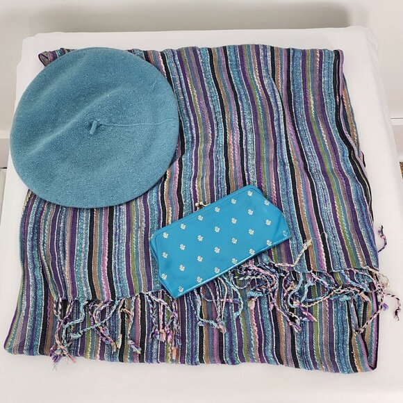 VTG Spring Lot Blue Tam Matching Scarf & Italian Leather Clutch Wallet Floral - Picture 13 of 15